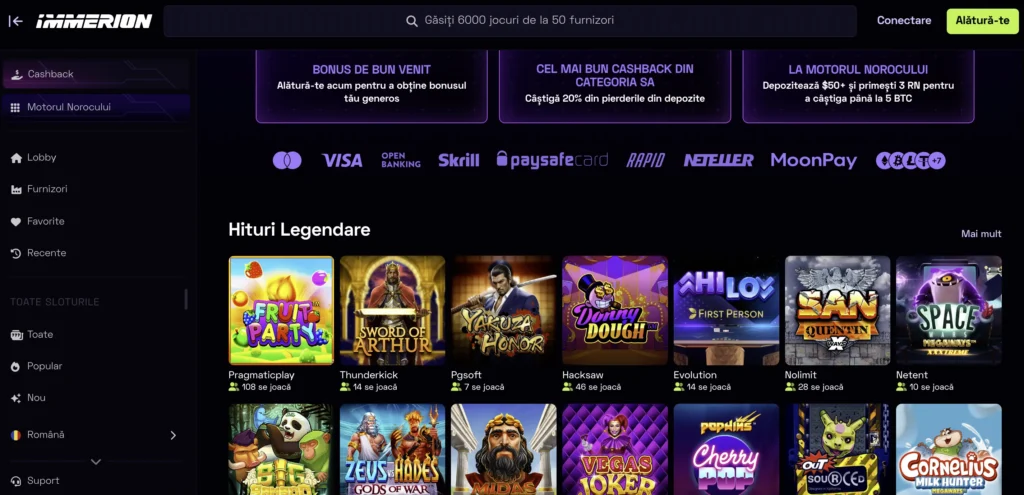 interfață utilizator immerion casino