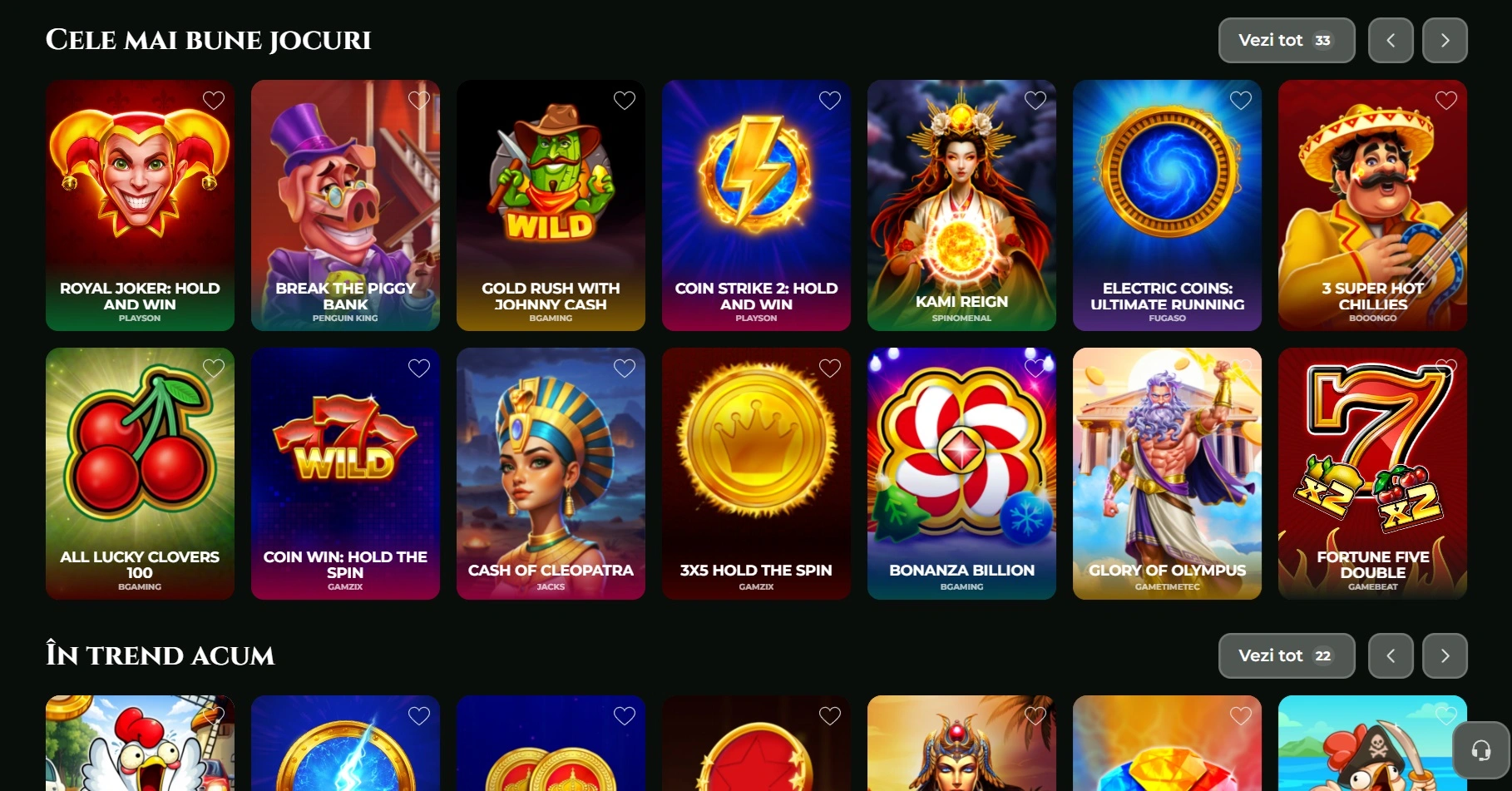 Secțiunea Cazino Goldzino cu cele mai bune jocuri și titluri în trend de la furnizori populari