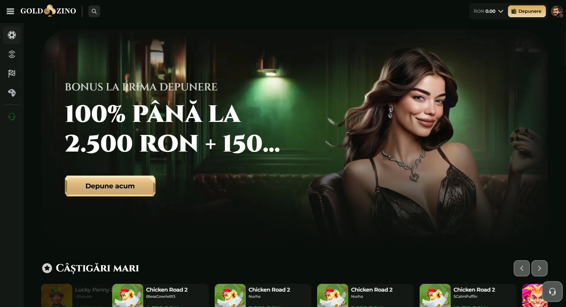 Pagina principală Goldzino cu bonus la prima depunere 100% până la 2.500 RON + 150 rotiri gratuite