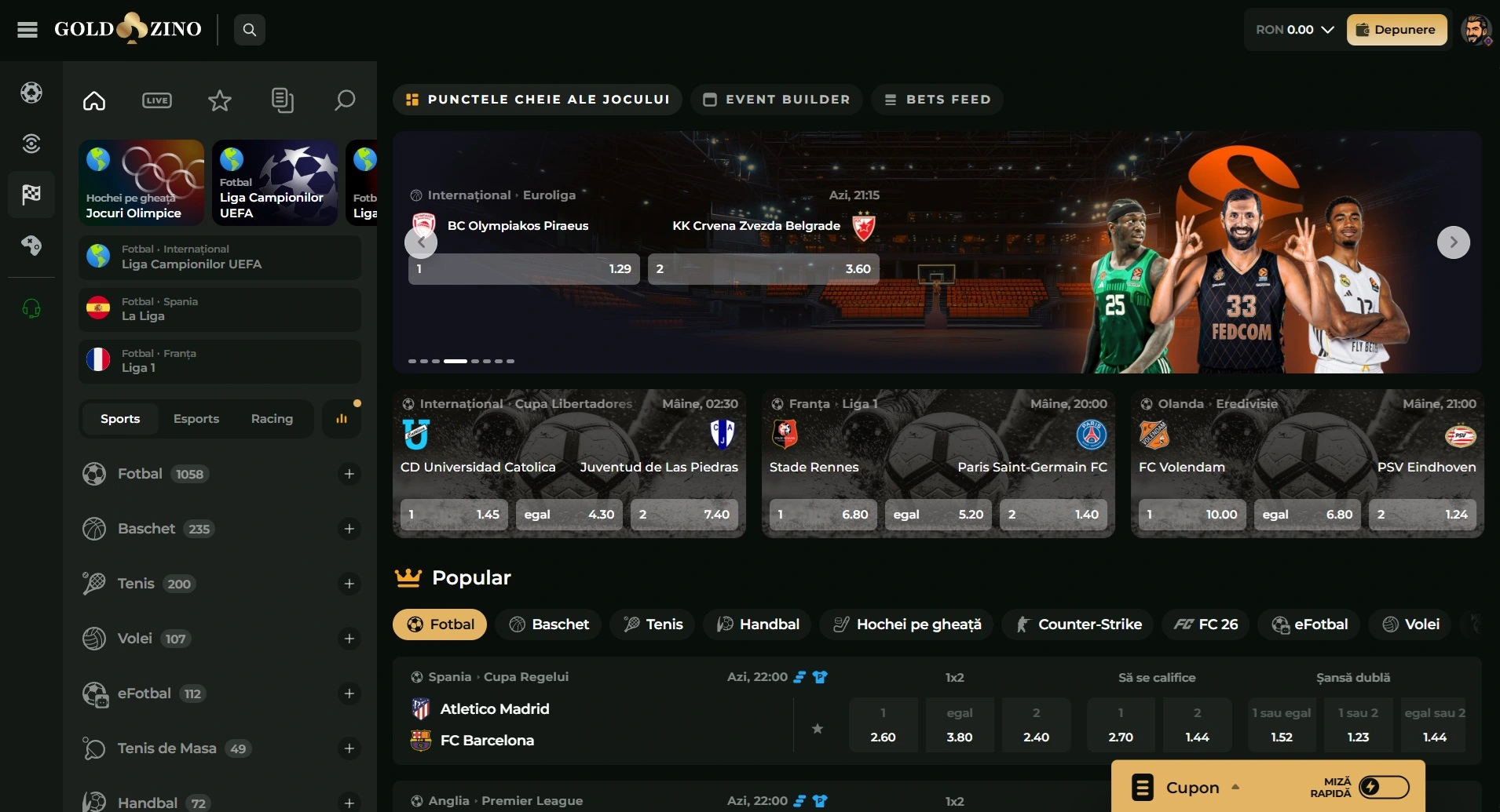 Interfața pariuri sportive Goldzino cu meciuri live, cote pentru 1x2, dublă șansă și total goluri în competiții internaționale